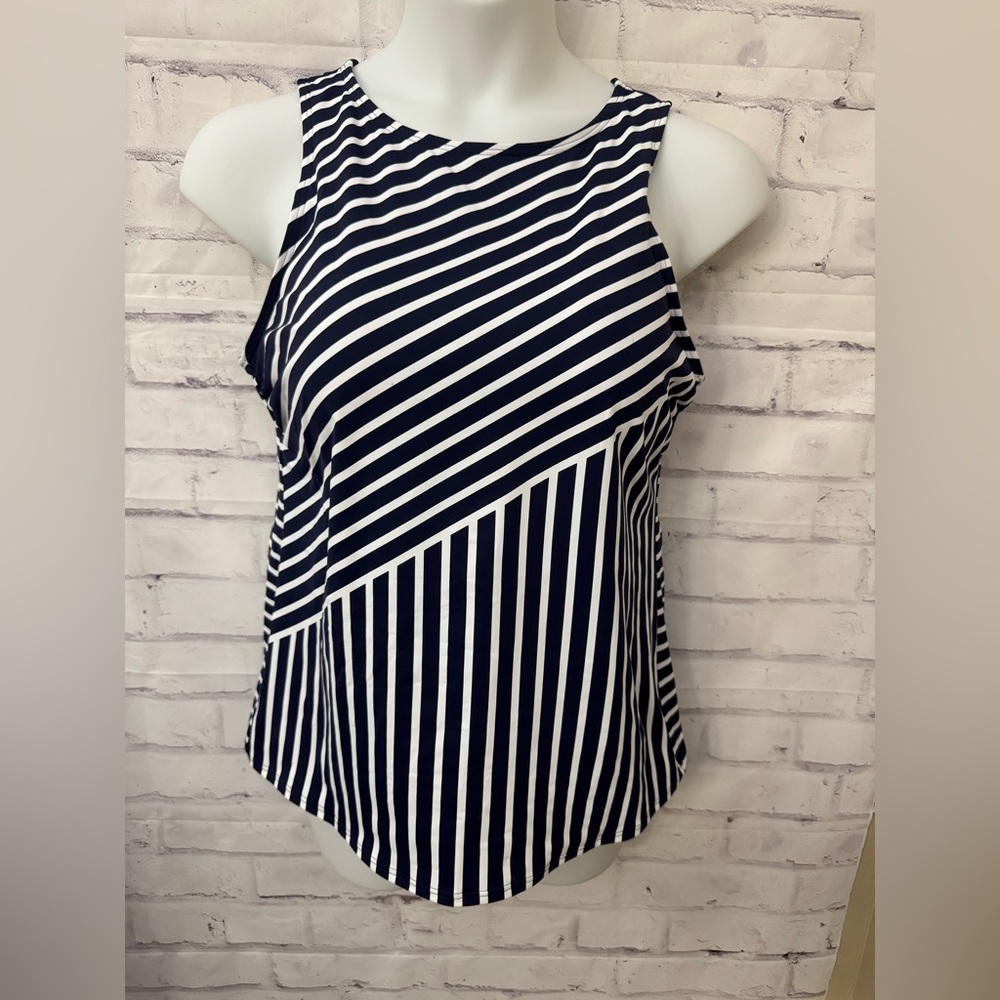 Lands’ End plus 16 High Neck Modest Tankini Swimsuit Top Blue White Stripe new